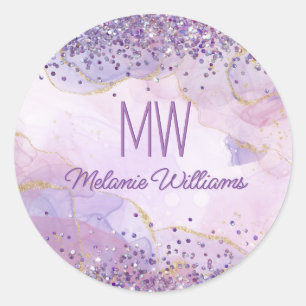 Abstract Purple Ink Watercolor Glitter Monogram Classic Round Sticker