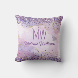 Abstract Purple Ink Watercolor Glitter Monogram Cushion