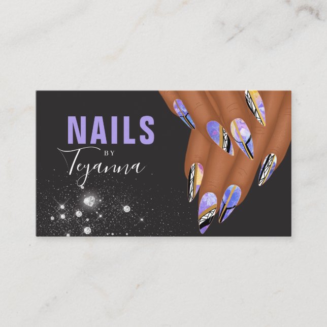 Abstract Purple Marble Glitter Hands Nail Artist B Business Card (Front)