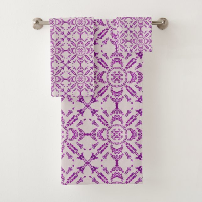 Abstract Purple Orchid Flower Design Pattern Art  Bath Towel Set (Insitu)