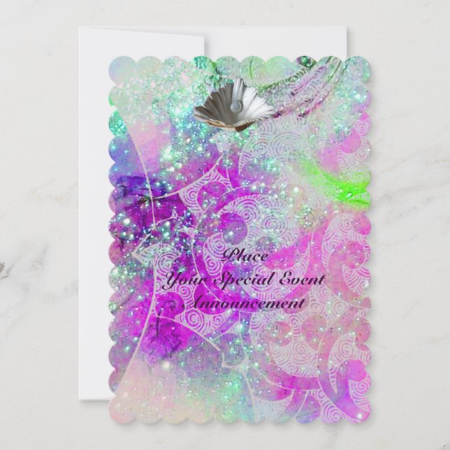ABSTRACT PURPLE PINK BLUE WAVES SEASHELLS,SPARKLES INVITATION (Front)