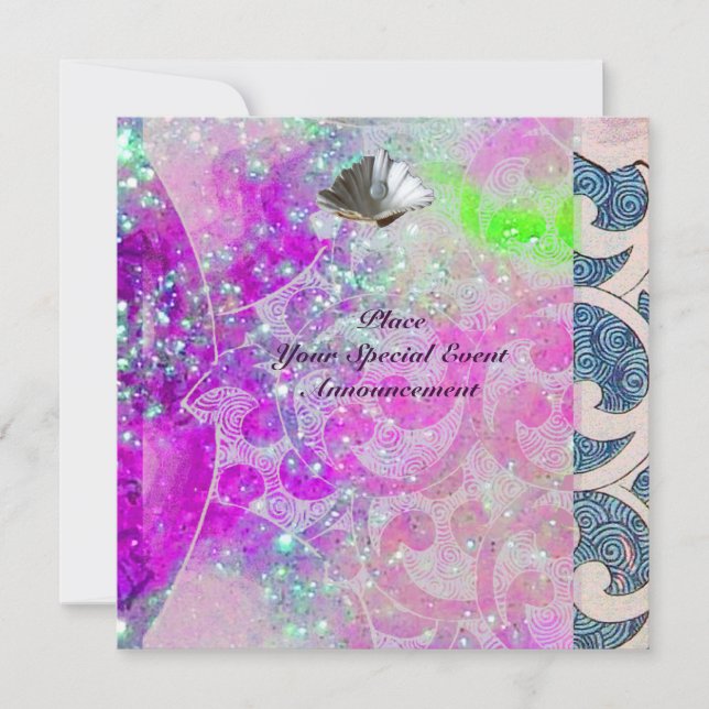 ABSTRACT PURPLE PINK BLUE WAVES SEASHELLS,SPARKLES INVITATION (Front)