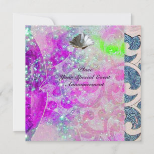 ABSTRACT PURPLE PINK BLUE WAVES SEASHELLS,SPARKLES INVITATION