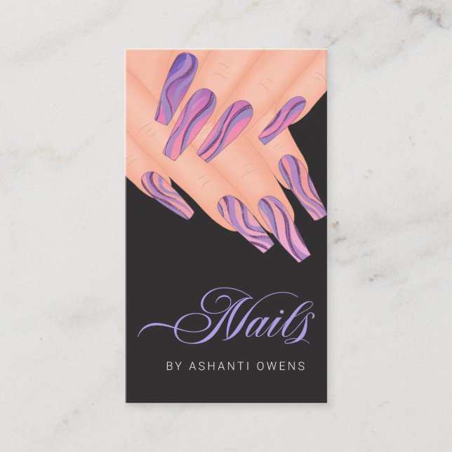Abstract Purple Swirl Hands Nail Artist Business C Card (Front)