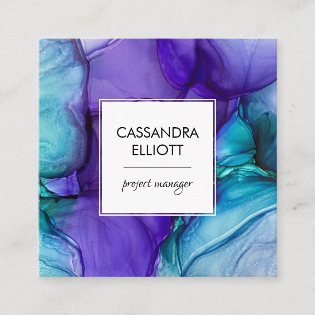 Abstract Purple & Teal Alcohol Ink Liquid Art Square Business Card (Front)