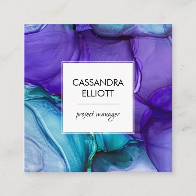 Abstract Purple & Teal Alcohol Ink Liquid Art Square Business Card (Front)