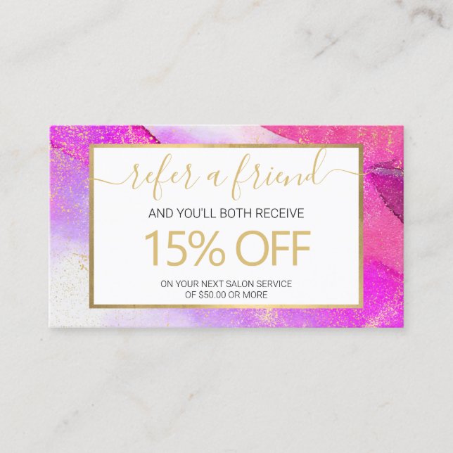 Abstract Purple Watercolor Faux Gold Dust Referral Business Card (Front)