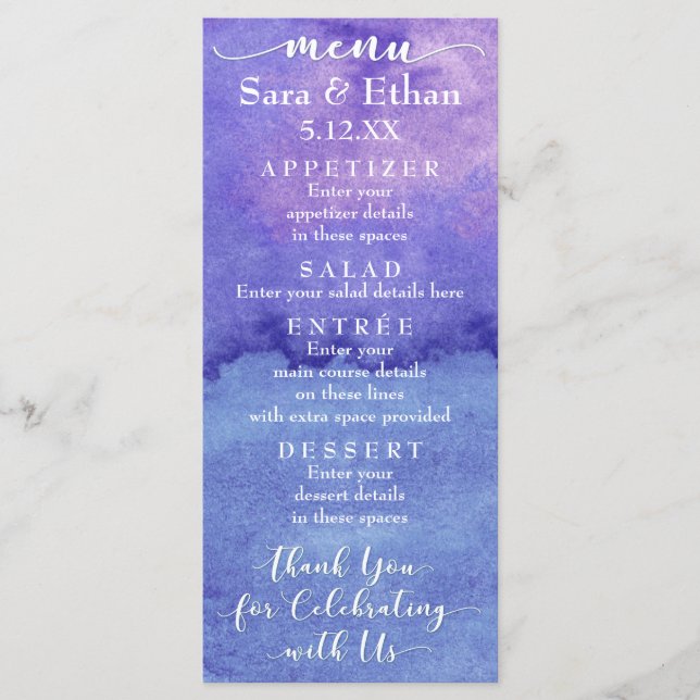 Abstract Purple Watercolor Wedding Menu Card (Front)