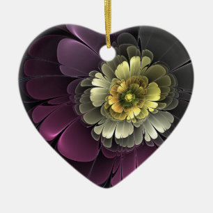 Abstract Purpur Khaki Gray Fractal Flower Heart Ceramic Tree Decoration