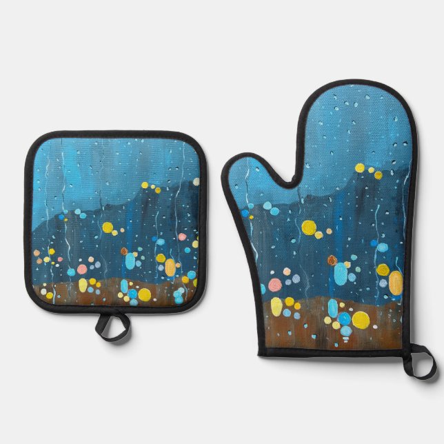 Abstract Rain Painting Oven Mitt & Pot Holder Set (Front)