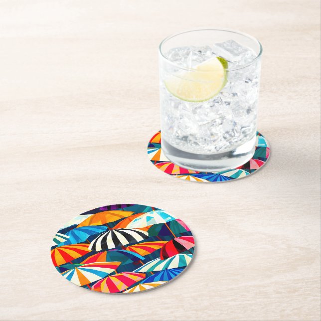 Abstract Rainbow Beach Umbrella Round Paper Coaster (Insitu)