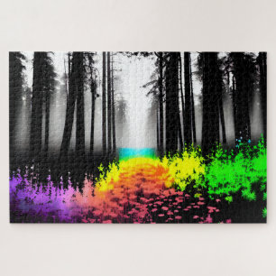 Abstract Rainbow Blooms in Black and White Forest Jigsaw Puzzle