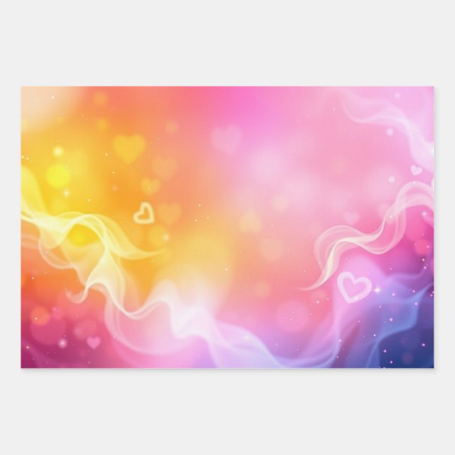 Abstract Rainbow Colour Gradient Pattern and Heart Wrapping Paper Sheet (Front)