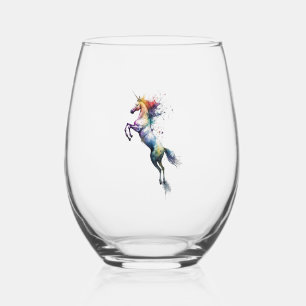 Abstract rainbow coloured watercolor of an unicorn stemless wine glass