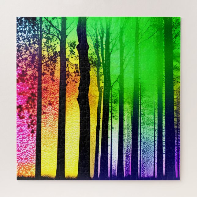 Abstract Rainbow Forest and Black Silhouette Trees Jigsaw Puzzle (Horizontal)