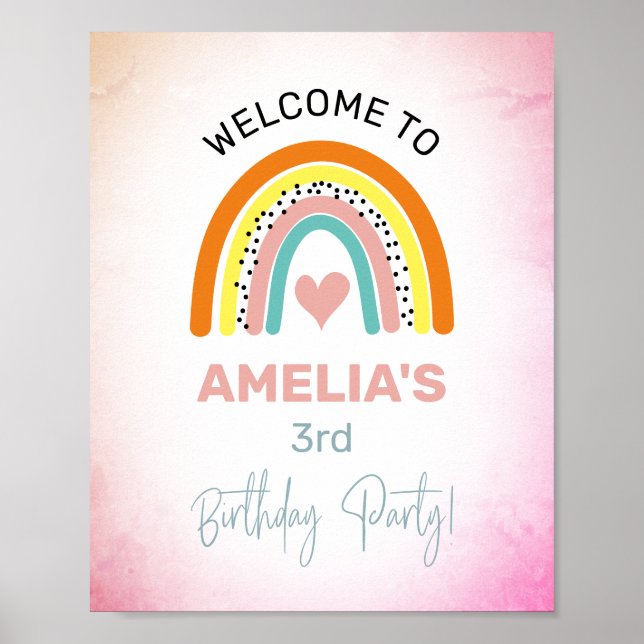 Abstract Rainbow Girl's 3rd Birthday Party Welcome Poster (Front)