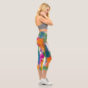 Abstract Rainbow Paint Pattern Capri Leggings