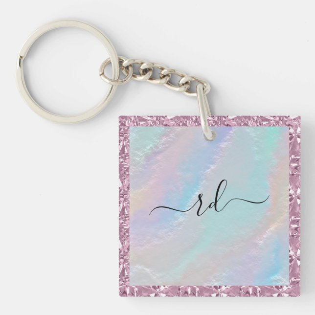 Abstract Rainbow Texture and Pink Crystal Key Ring (Front)