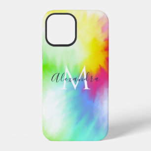 Abstract Rainbow Tie Dye Monogram & Name Colourful iPhone 12 Case