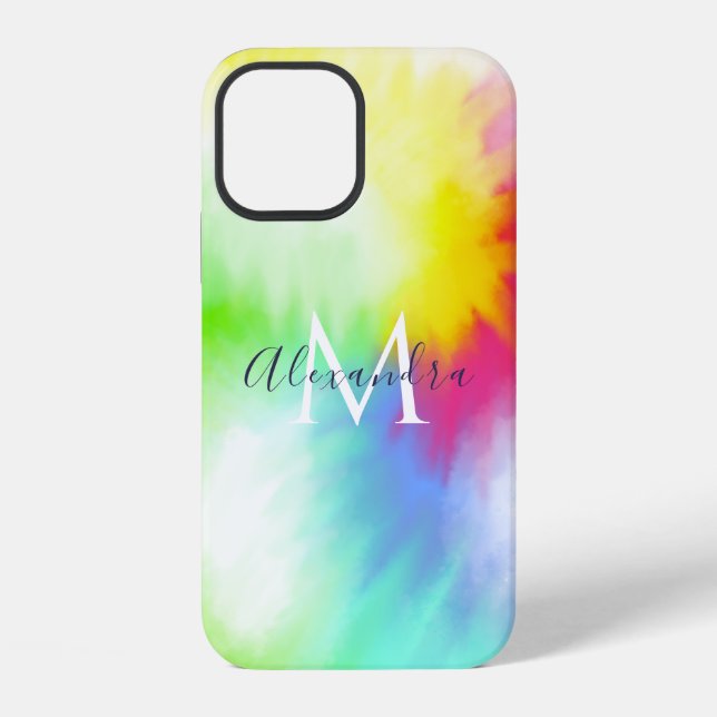 Abstract Rainbow Tie Dye Monogram & Name Colourful iPhone Case (Back)
