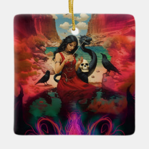 Abstract Raven Skull Occult Dark Witchy AI Art Ceramic Ornament