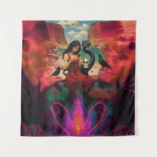 Abstract Raven Skull Occult Dark Witchy AI Art Tapestry (Front)