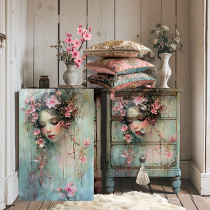 Abstract Realism Woman's Face & Cherry Blossoms Tissue Paper