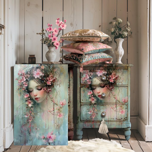 Abstract Realism Woman's Face & Cherry Blossoms Tissue Paper (Raindrops Abstract Realism Ethereal Portrait Feminine face & cherry blossom art for Decoupage)
