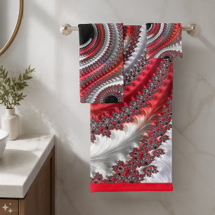 Abstract Red and Black Gradient Spiral Fractal Bath Towel Set