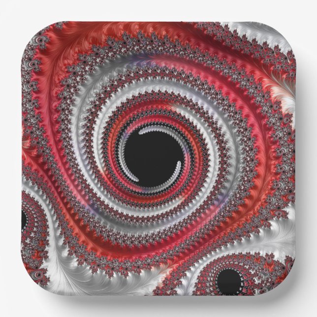 Abstract Red and Black Gradient Spiral Fractal Paper Plate (Front)