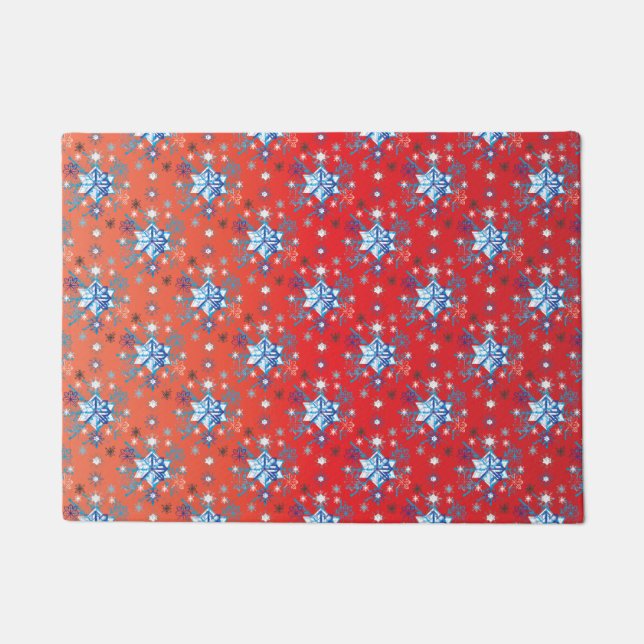 Abstract red and blue Christmas snowflakes Doormat (Front)