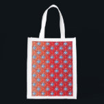 Abstract red and blue Christmas snowflakes Reusable Grocery Bag<br><div class="desc">Abstract blue and white Christmas snowflakes pattern on a red background. Need more? Check out other holiday designs at my store! Cheers! :)</div>