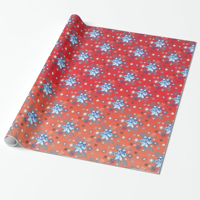 Abstract red and blue Christmas snowflakes Wrapping Paper (Unrolled)