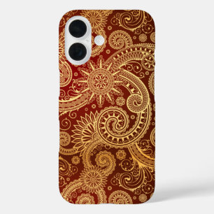 Abstract Red and Gold Floral Pattern iPhone 16 Case