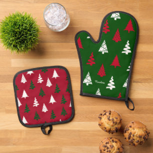 Abstract Red and Green Christmas Tree Oven Mitt & Pot Holder Set