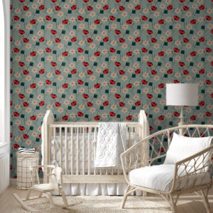 Abstract Red and Green Flowers on Grey Wallpaper