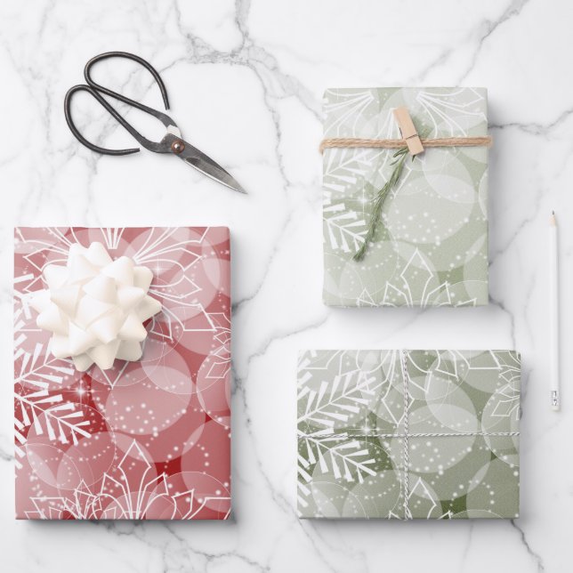 Abstract Red and Green Snowflakes and Holly Wrapping Paper Sheet (Front)