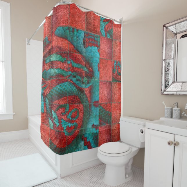 Abstract Red and Teal Snack on Leather Texture Shower Curtain (In Situ)