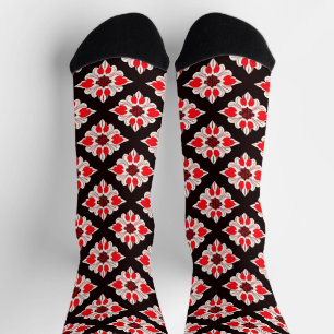 Abstract Red and White Floral Pattern Socks