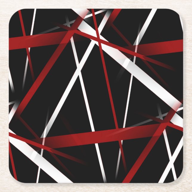 Abstract Red and White Lines On Black Background P Square Paper Coaster (Front)