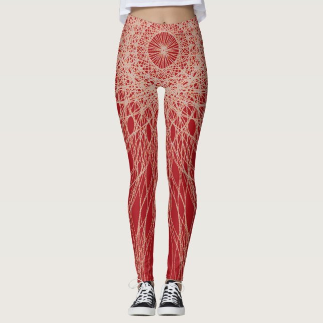 Abstract Red And white Spiral Spidery Lines Leggings (Front)