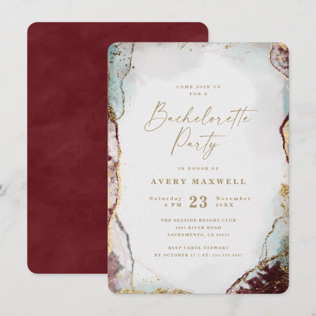 Abstract Red Aqua & Gold Winter Bachelorette Party Invitation (Front/Back)