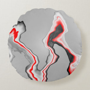 Abstract red black and white wave, zigzag pattern, round cushion