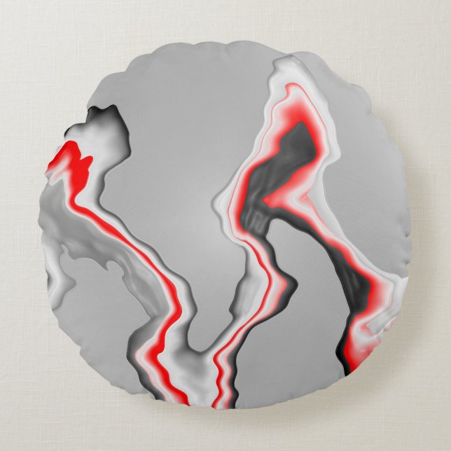 Abstract red black and white wave, zigzag pattern, round cushion (Front)