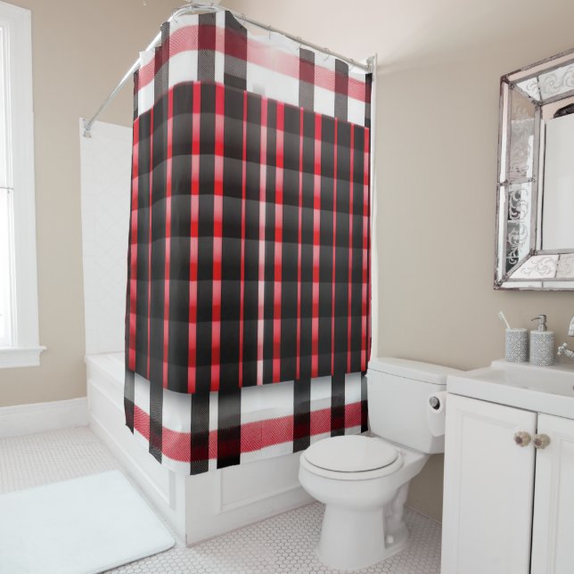 Abstract Red Black Plaid Modern Collection Shower Curtain (In Situ)