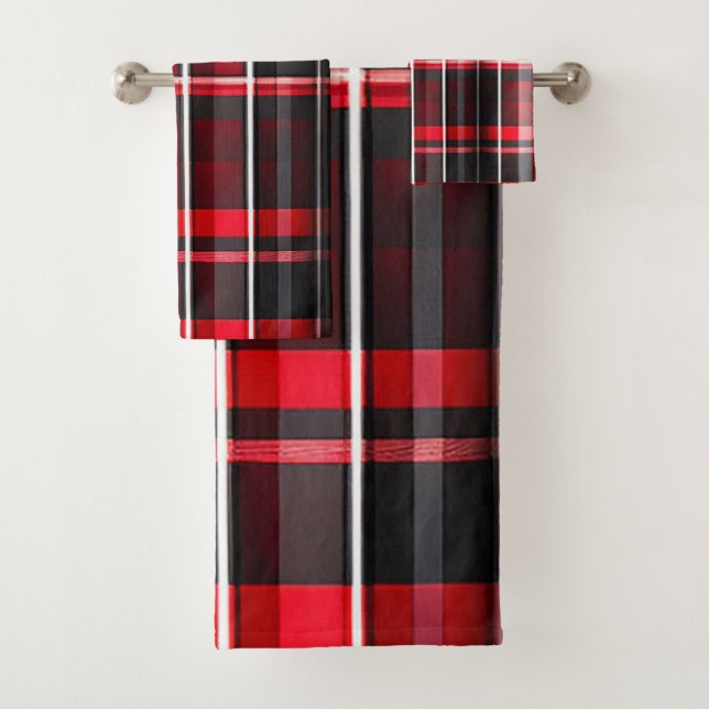 Abstract Red Black Plaid Popular Collection Bath Towel Set (Insitu)