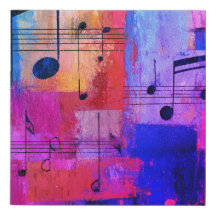 Abstract red, blue and yellow with musical notes