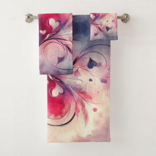 Abstract Red Blue Hearts Fancy Towel Set