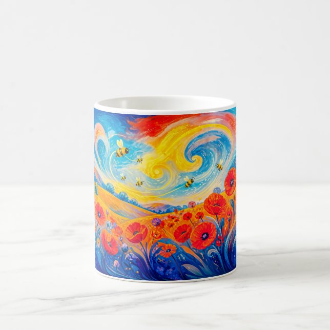 Abstract red blue poppy field with bees coffee mug (Center)