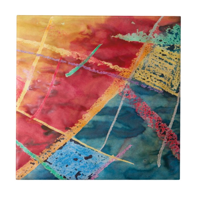 Abstract Red Blue Yellow Watercolor Painting Tile (Front)